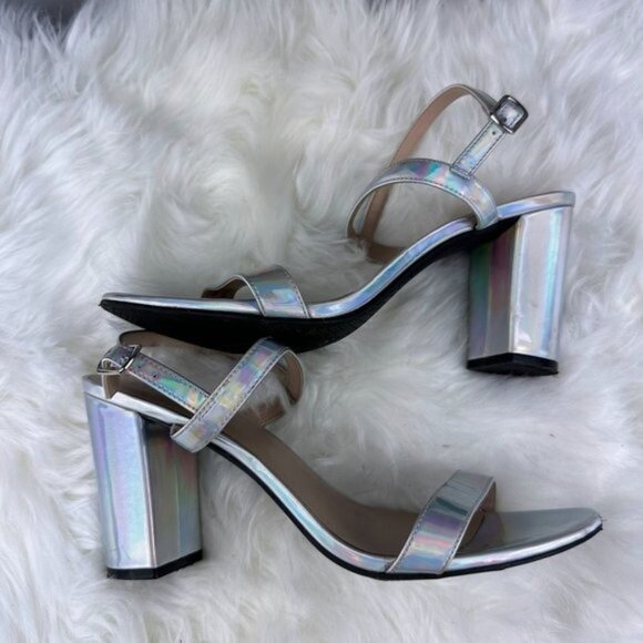BP Lula Ankle Strap Block Heel Sandals in Silver Holographic - Picture 4 of 7